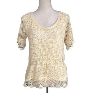 Vintage Thums Up Pale Yellow Crochet Short Sleeve Drawstring Waist Blouse Top